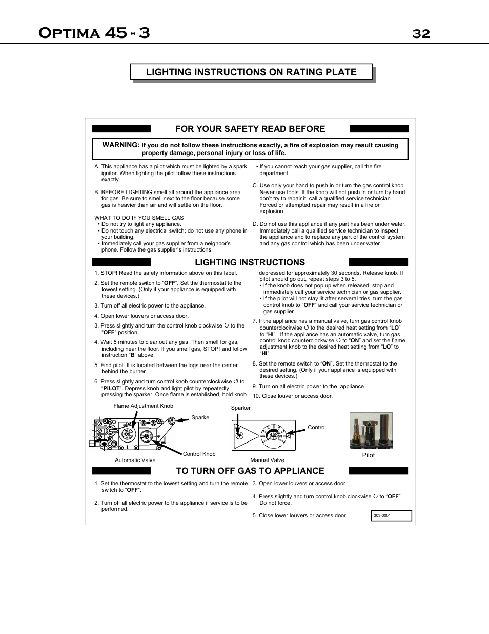 Optima 45 - 3, Lighting instructions on rating plate, For your safety read before | Lighting instructions to turn off gas to appliance | Optima Company Optima 45 - 3 User Manual | Page 32 / 49