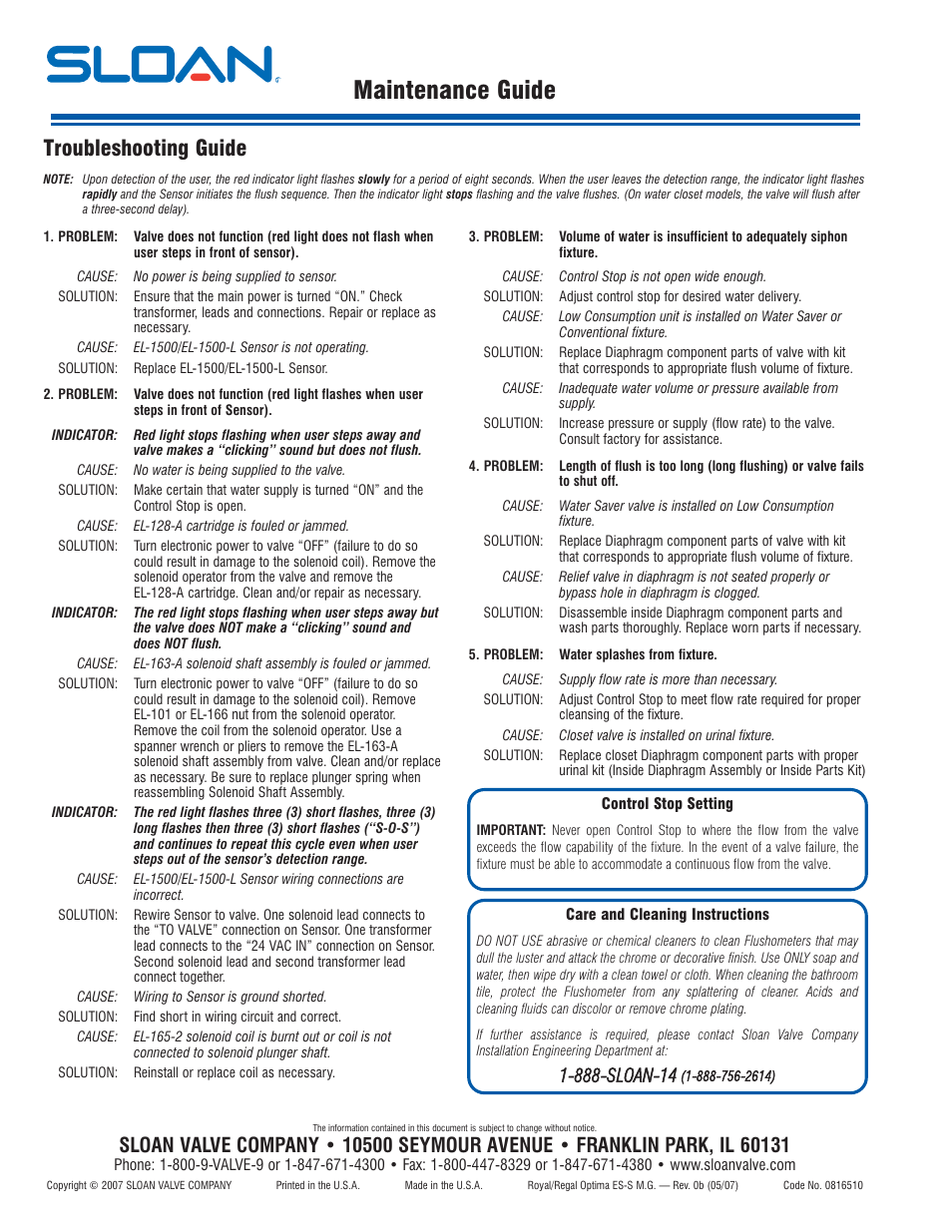 Maintenance guide, Troubleshooting guide | Optima Company EL-1500 User Manual | Page 6 / 6