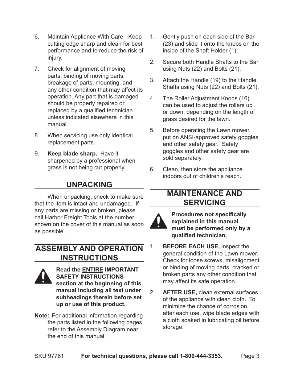 Unpacking, Assembly and operation instructions, Maintenance and servicing | One Step Ahead 97781 User Manual | Page 3 / 4