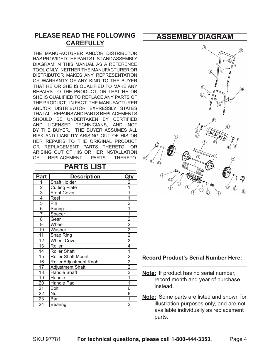 Parts list, Assembly diagram, Please read the following carefully | One Step Ahead 97781 User Manual | Page 4 / 4