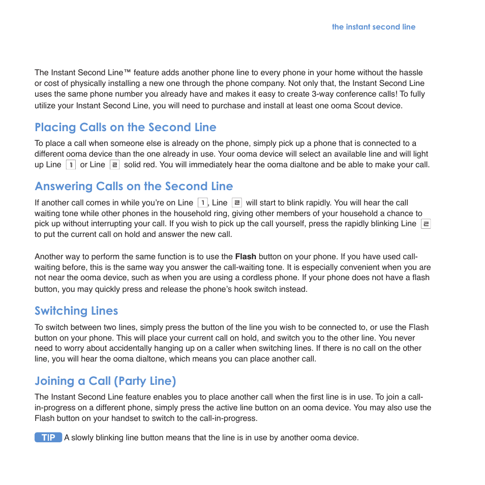 Placing calls on the second line, Answering calls on the second line, Switching lines | Joining a call (party line) | ooma Scout User Manual | Page 14 / 61