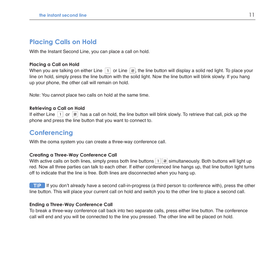 Placing calls on hold, Conferencing | ooma Scout User Manual | Page 15 / 61