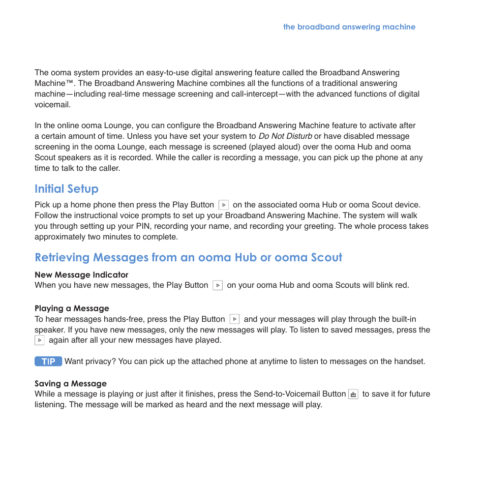 Initial setup, Retrieving messages from an ooma hub or ooma scout | ooma Scout User Manual | Page 18 / 61