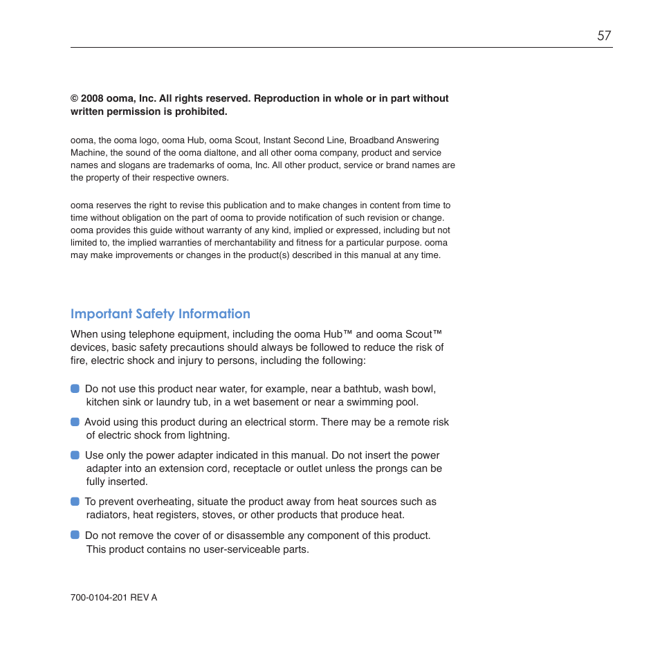 Important safety information | ooma Scout User Manual | Page 61 / 61