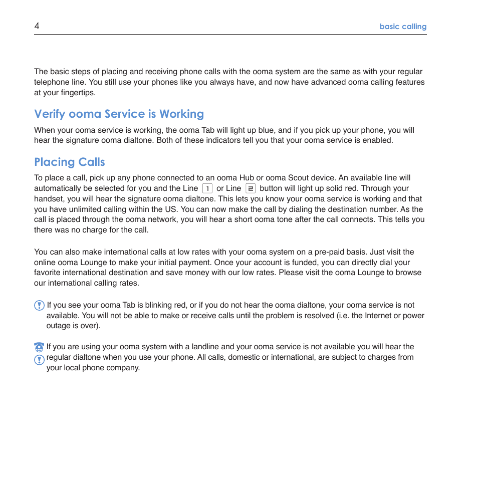 Verify ooma service is working, Placing calls | ooma Scout User Manual | Page 8 / 61