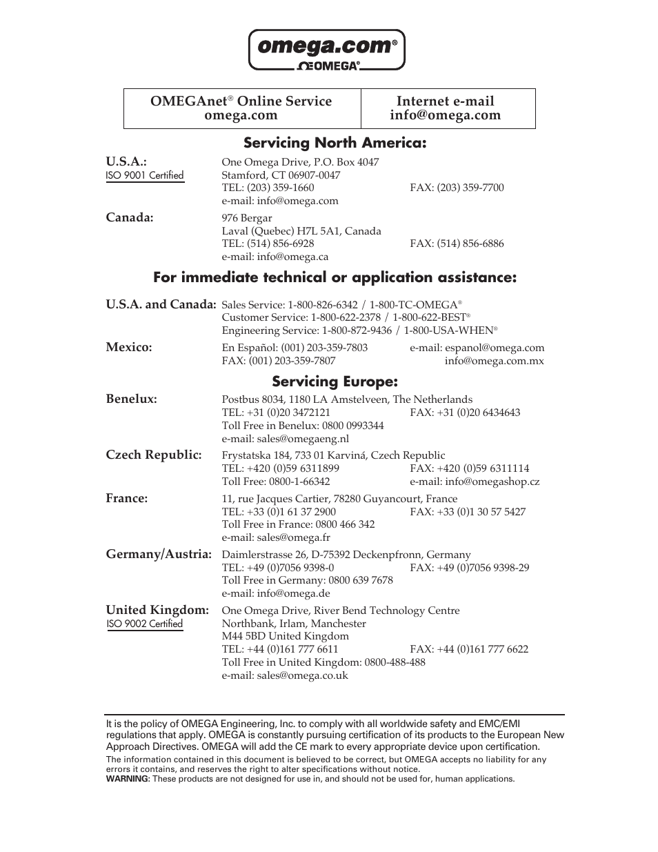 Servicing north america, For immediate technical or application assistance, Servicing europe | Omeganet | Omega FD6003 User Manual | Page 2 / 47