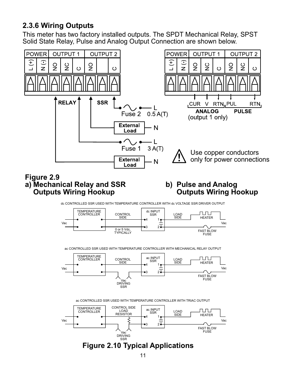 6 wiring outputs, Figure 2.10 typical applications, Use copper conductors only for power connections | Omega CNI16 User Manual | Page 15 / 72