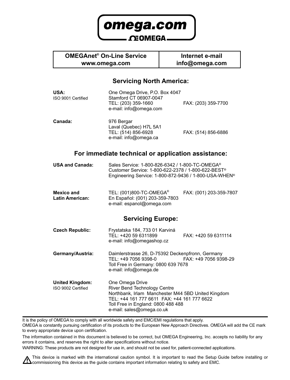 Servicing north america, For immediate technical or application assistance, Servicing europe | Omeganet | Omega CNI16 User Manual | Page 2 / 72
