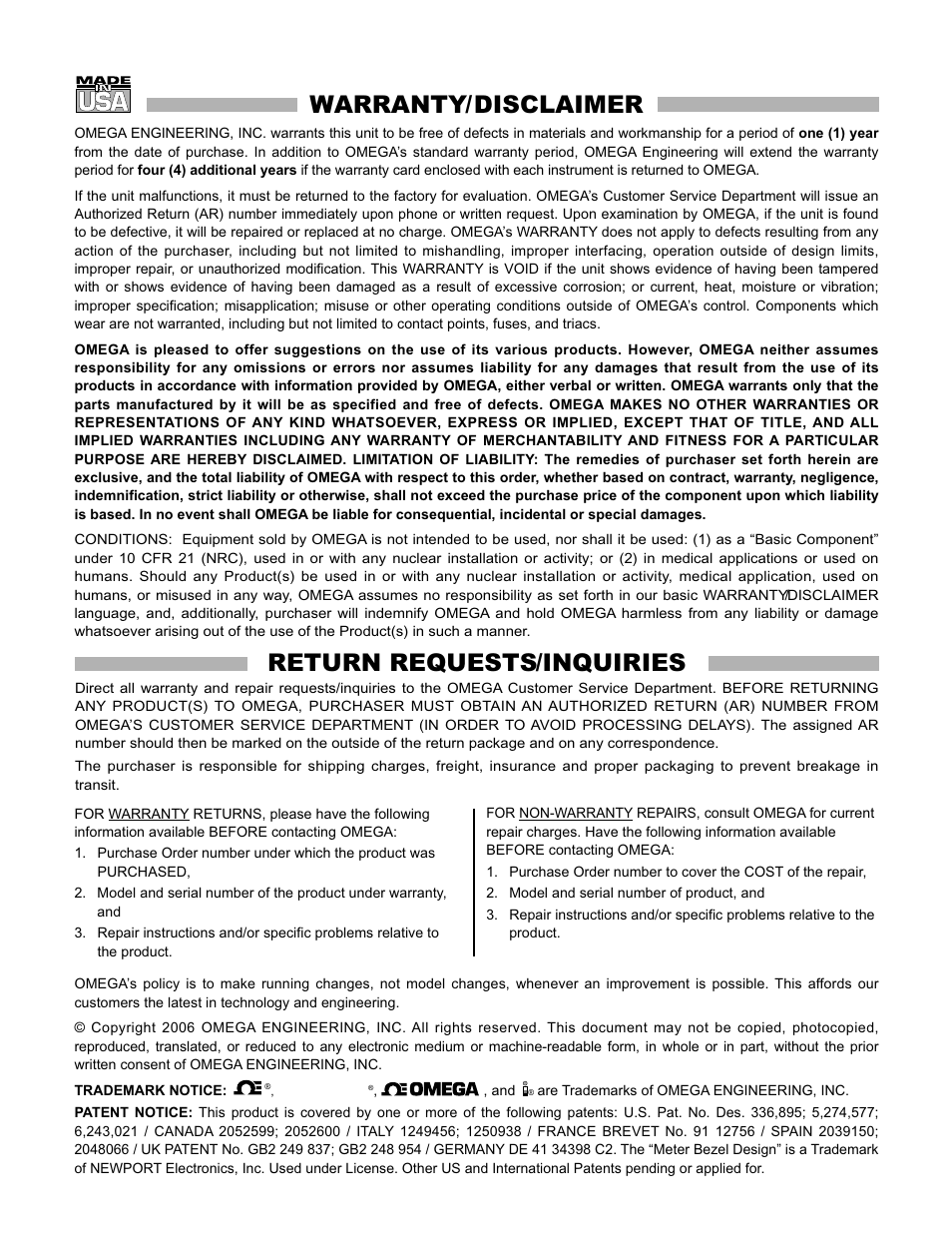 Warranty/disclaimer, Return requests/inquiries | Omega CNI16 User Manual | Page 71 / 72