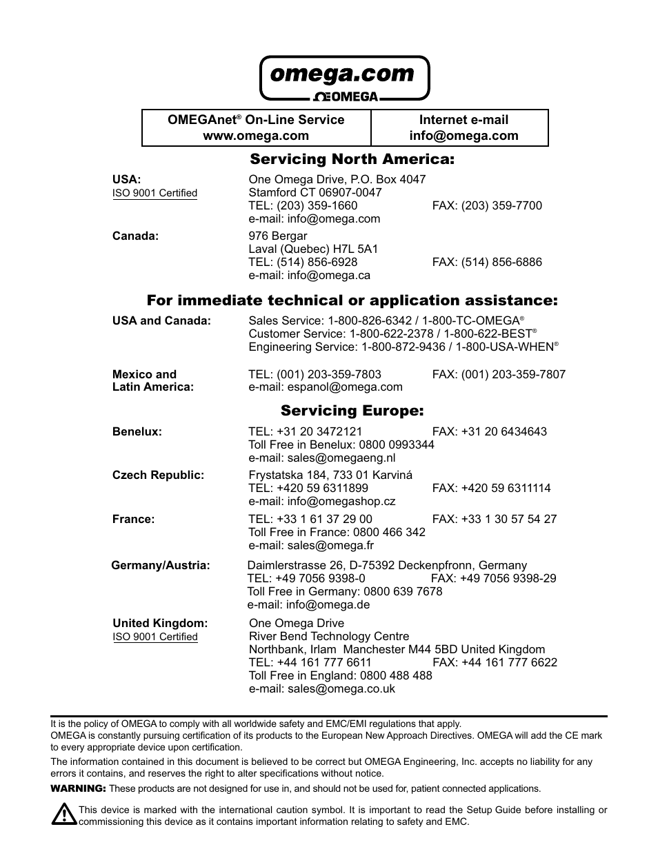 Servicing north america, For immediate technical or application assistance, Servicing europe | Omega CNiS8DV User Manual | Page 2 / 72