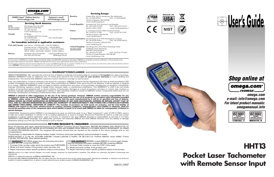 Omega HHT13 User Manual | 14 pages