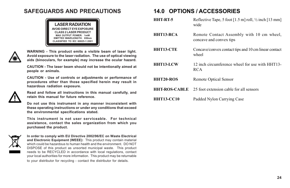 Safeguards and precautions, 0 options / accessories | Omega HHT13 User Manual | Page 2 / 14