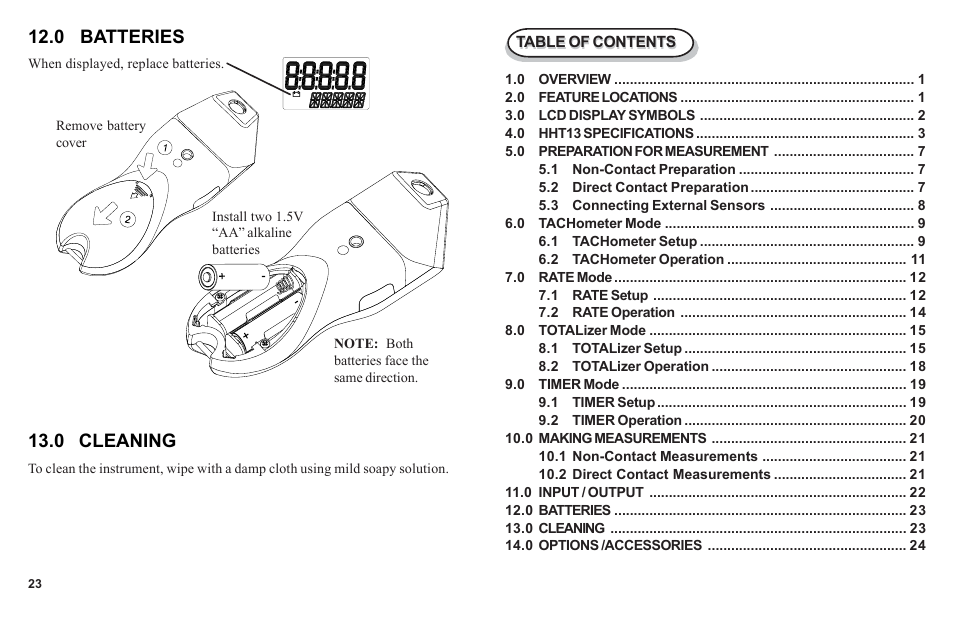 0 batteries 13.0 cleaning | Omega HHT13 User Manual | Page 3 / 14