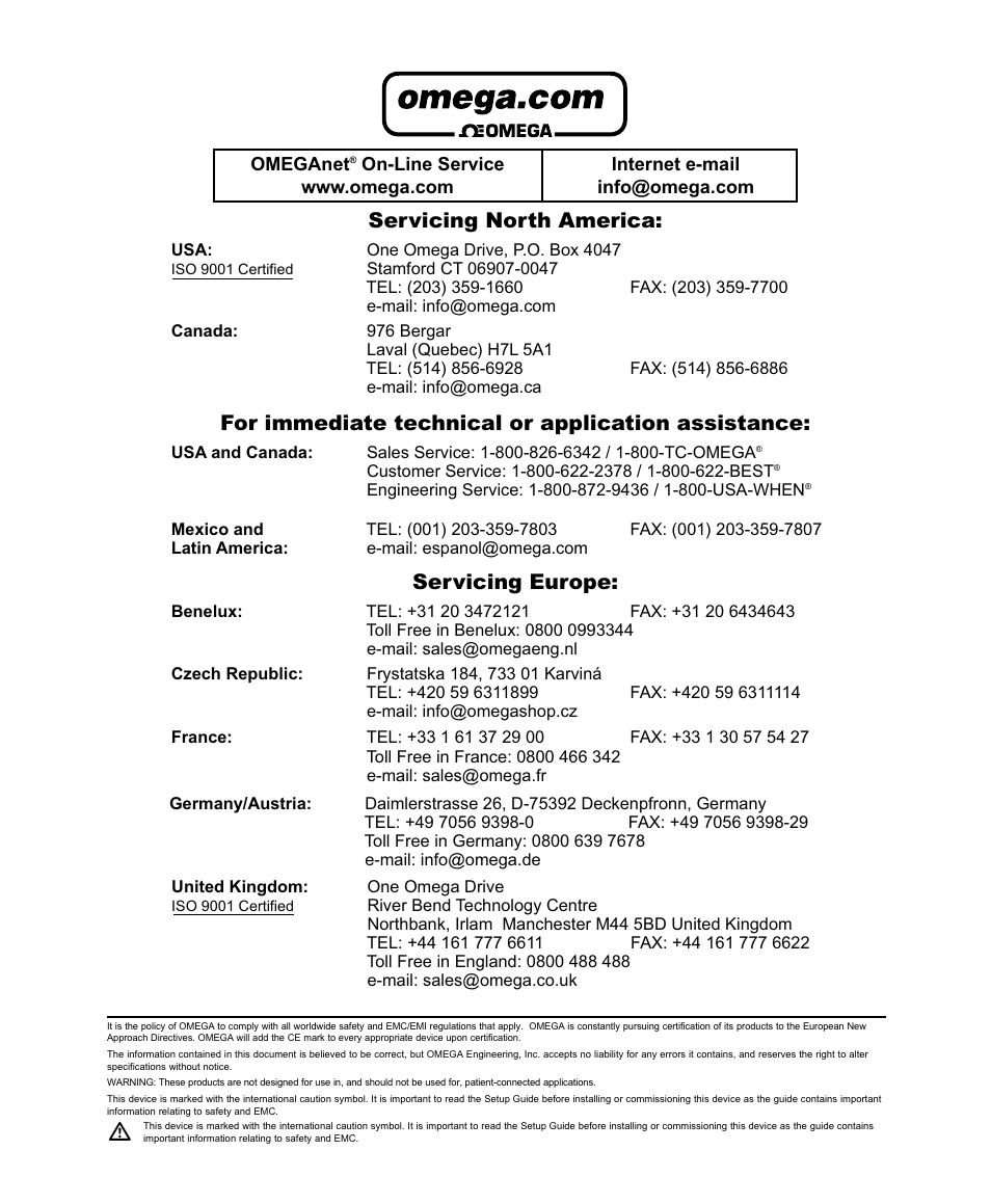 Servicing north america, For immediate technical or application assistance, Servicing europe | Omega DP26-TC User Manual | Page 2 / 62