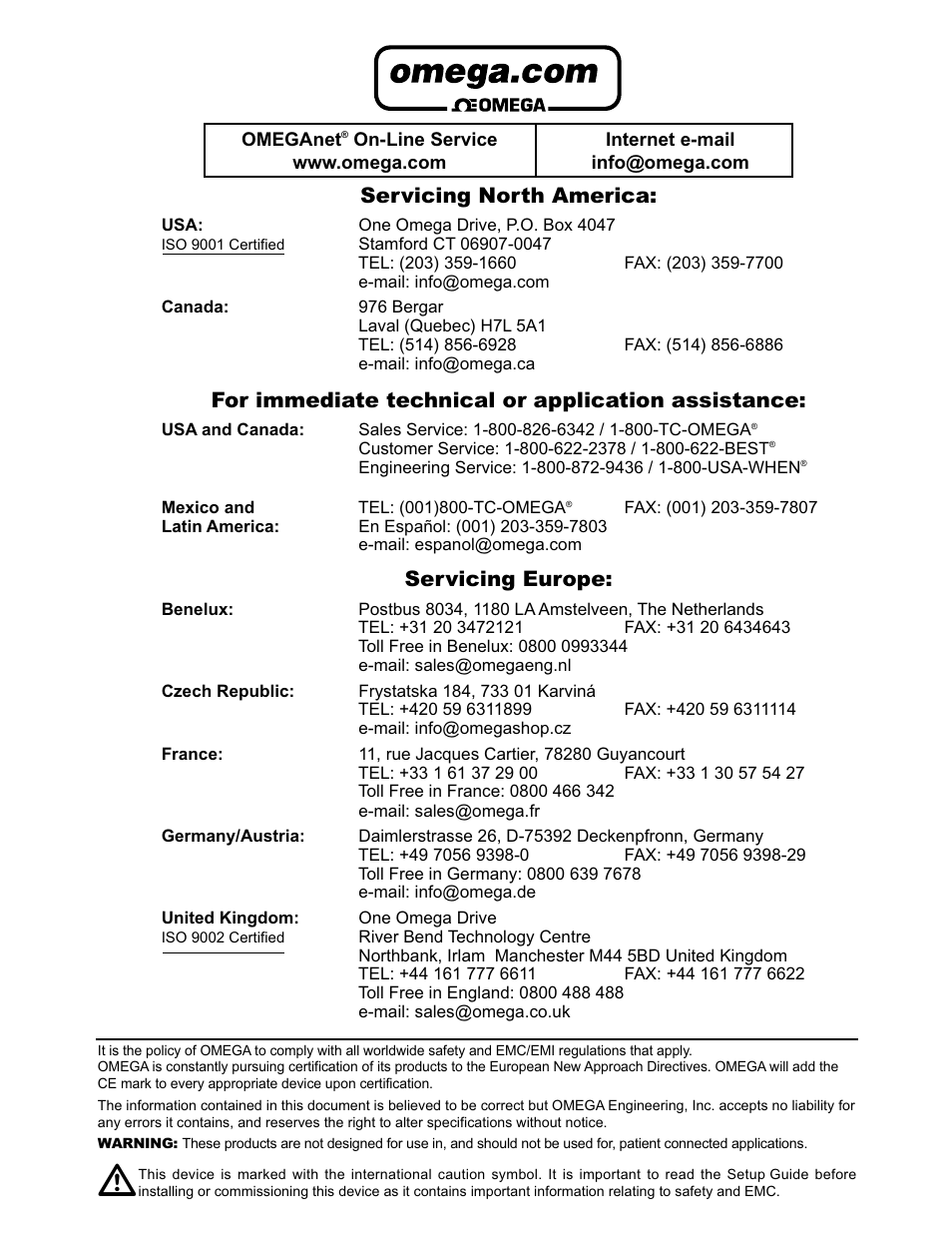 Servicing north america, For immediate technical or application assistance, Servicing europe | Omega ILD44-UTP User Manual | Page 2 / 71