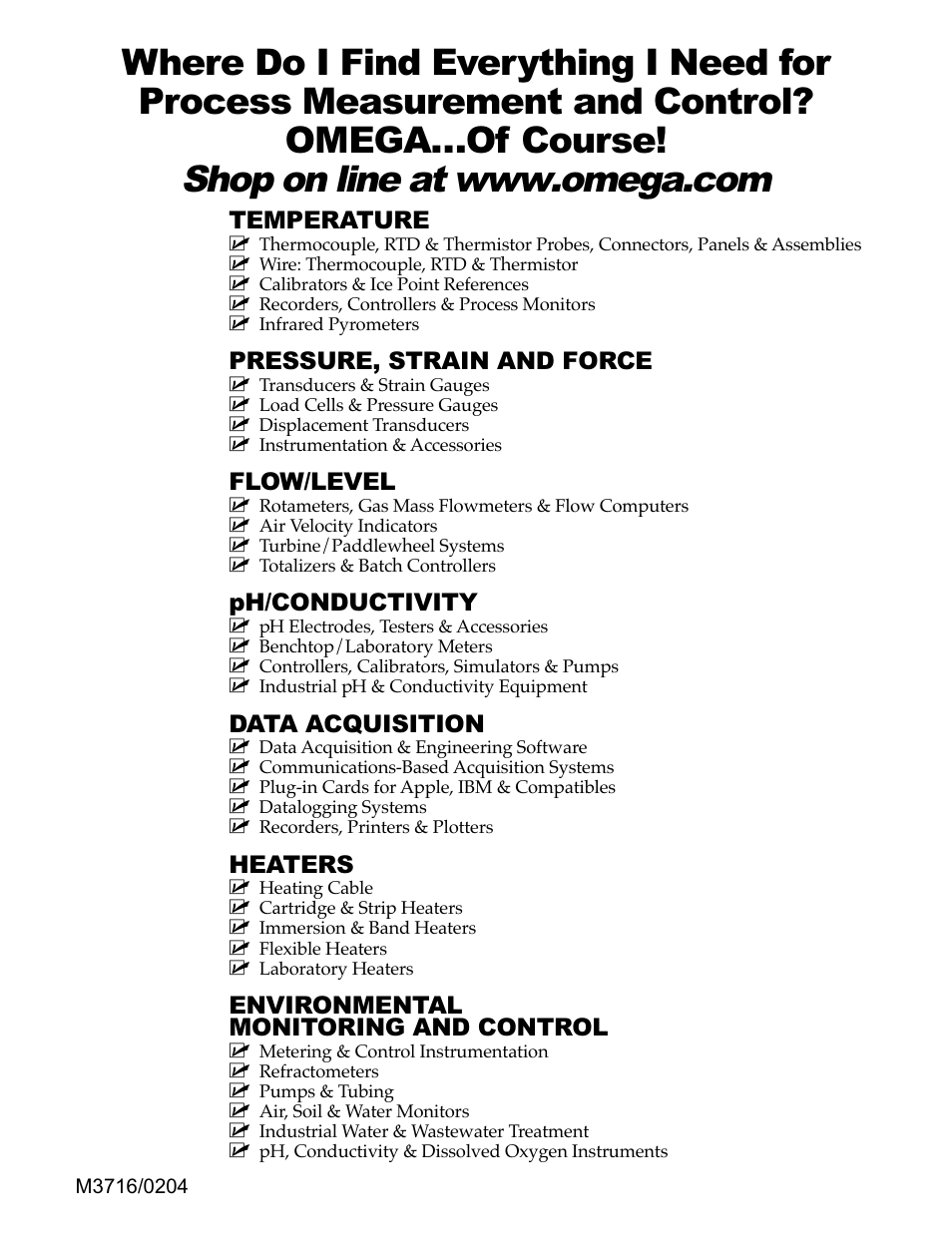 Temperature, Pressure, strain and force, Flow/level | Ph/conductivity, Data acquisition, Heaters, Environmental monitoring and control | Omega ILD44-UTP User Manual | Page 71 / 71