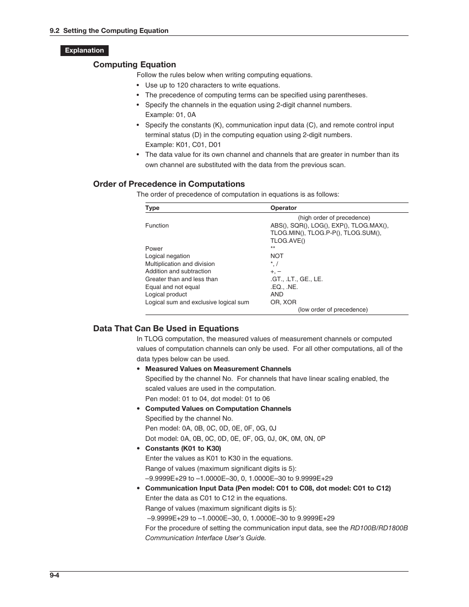 Computing equation, Order of precedence in computations, Data that can be used in equations | Omega RD100B User Manual | Page 161 / 234