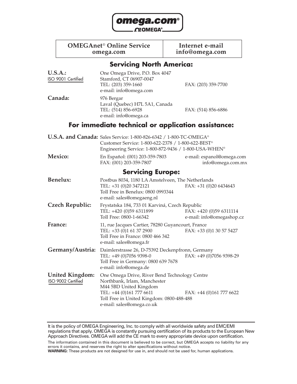 Servicing north america, For immediate technical or application assistance, Servicing europe | Omeganet | Omega RD100B User Manual | Page 2 / 234