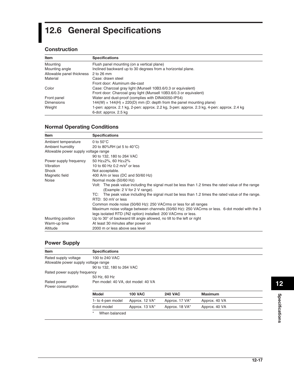 6 general specifications, Construction, Normal operating conditions | Power supply | Omega RD100B User Manual | Page 219 / 234