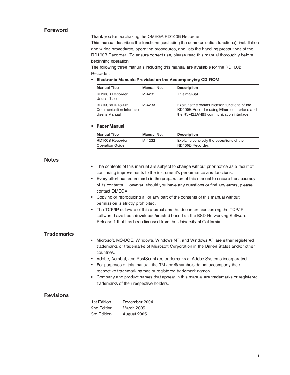 Foreword, Trademarks, Revisions | Omega RD100B User Manual | Page 3 / 234