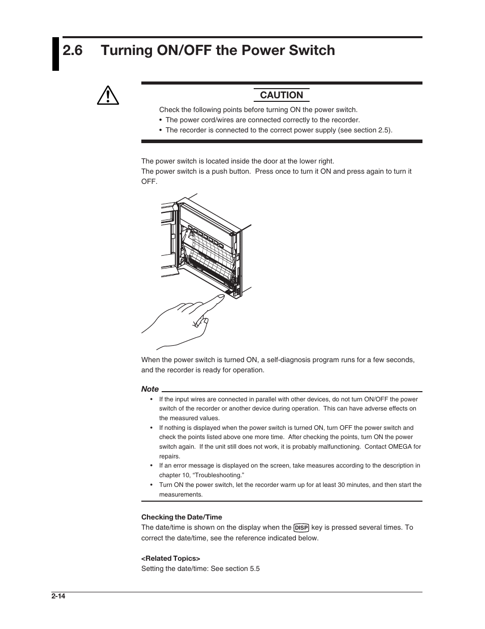 6 turning on/off the power switch, Caution | Omega RD100B User Manual | Page 58 / 234