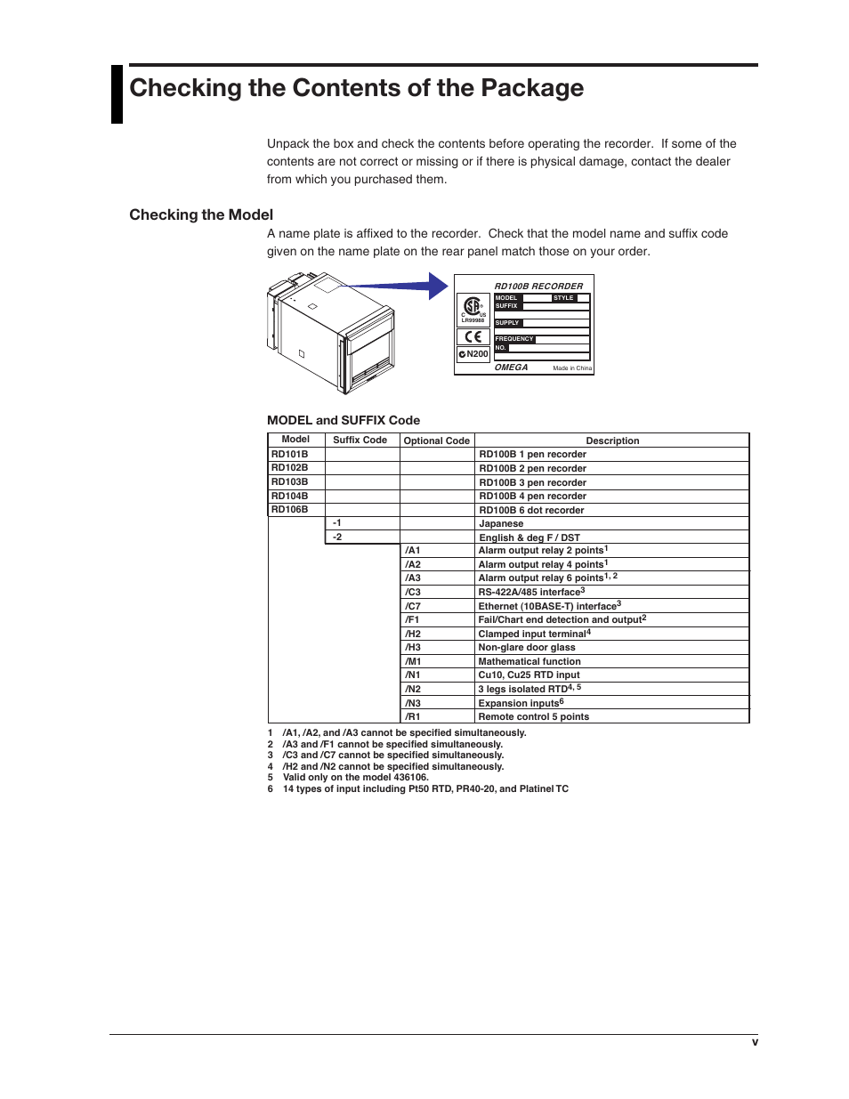 Checking the contents of the package, Checking the model, Model and suffix code | Omega RD100B User Manual | Page 7 / 234