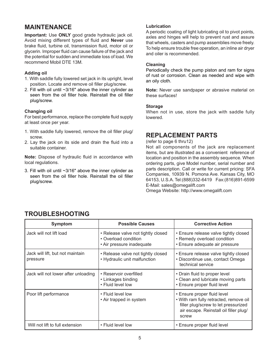 Maintenance, Replacement parts, Troubleshooting | Omega 22040C User Manual | Page 5 / 12