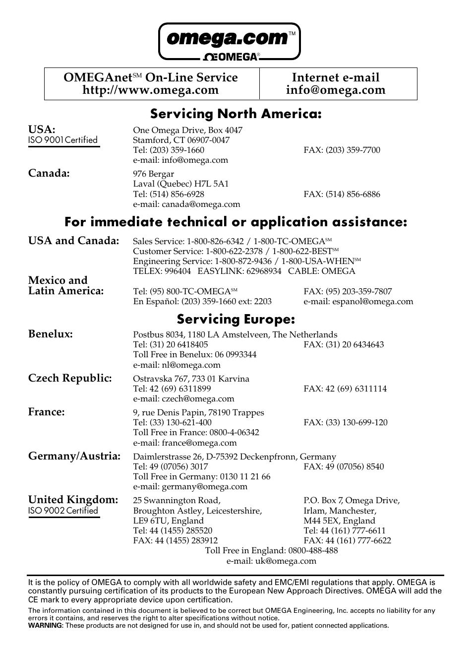 Servicing north america, For immediate technical or application assistance, Servicing europe | Omeganet, Canada, Usa and canada, Mexico and latin america, Benelux, Czech republic, France | Omega CL27 User Manual | Page 2 / 46