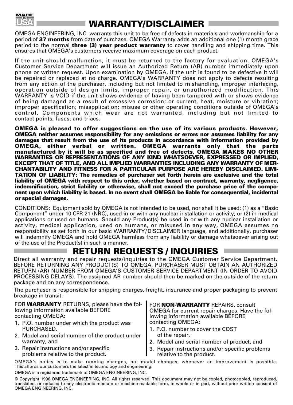 Warranty/disclaimer, Return requests / inquiries | Omega CL27 User Manual | Page 45 / 46