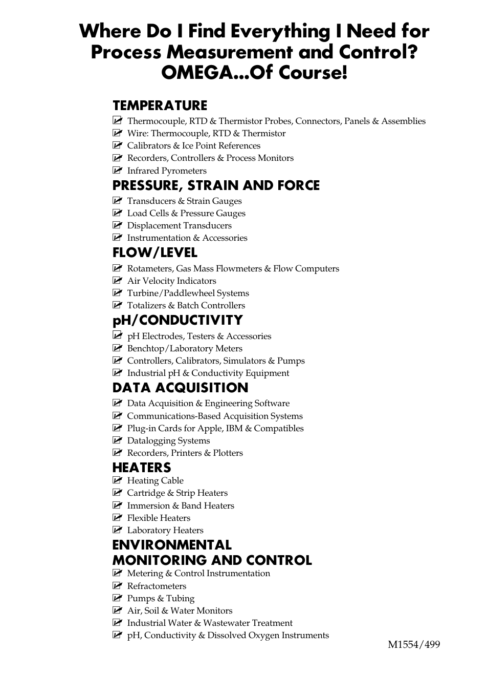 Temperature, Pressure, strain and force, Flow/level | Ph/conductivity, Data acquisition, Heaters, Environmental monitoring and control | Omega CL27 User Manual | Page 46 / 46