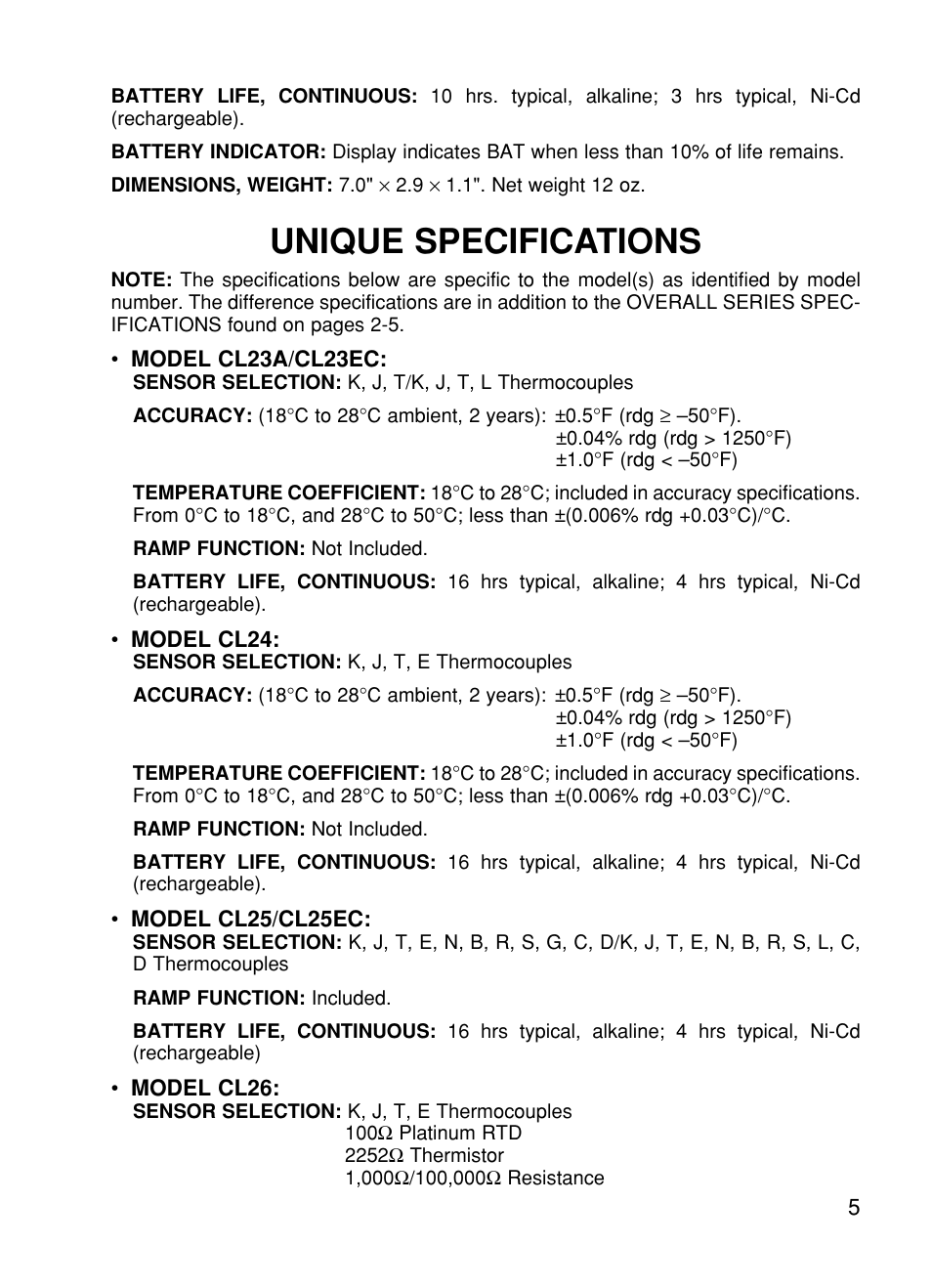 Unique specifications | Omega CL27 User Manual | Page 7 / 46