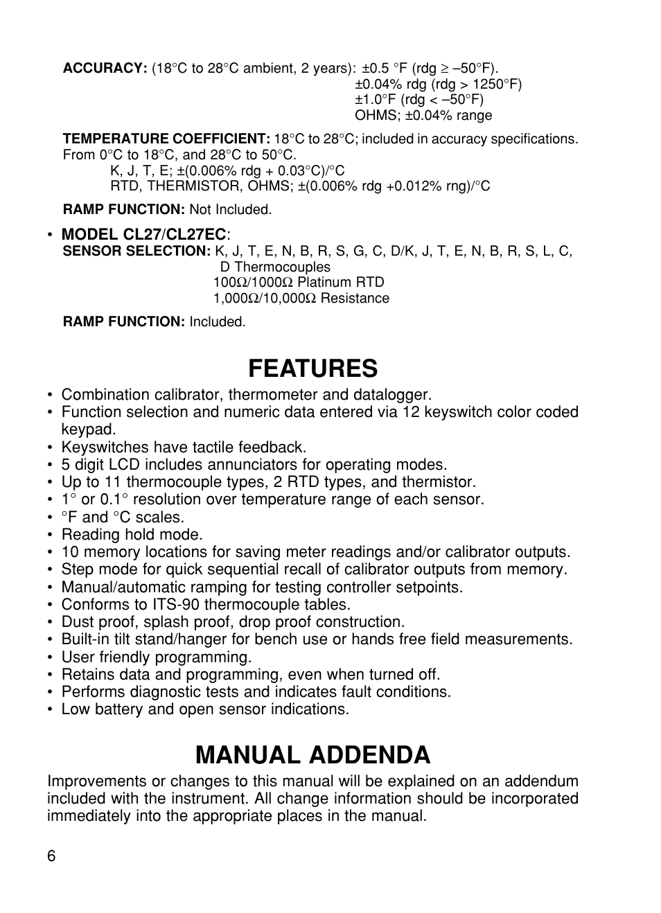 Features, Manual addenda | Omega CL27 User Manual | Page 8 / 46