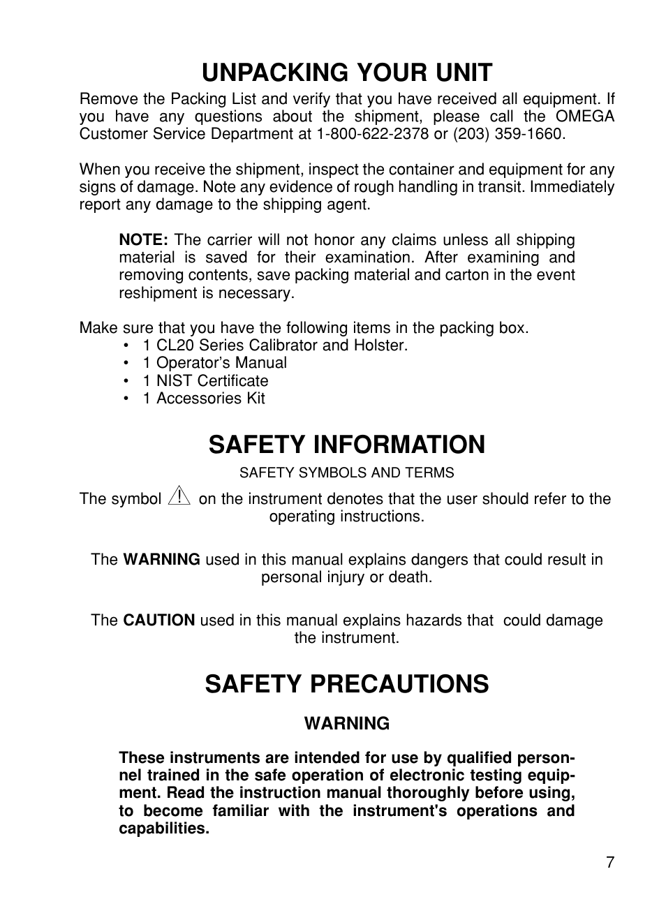 Unpacking your unit, Safety information, Safety precautions | Omega CL27 User Manual | Page 9 / 46