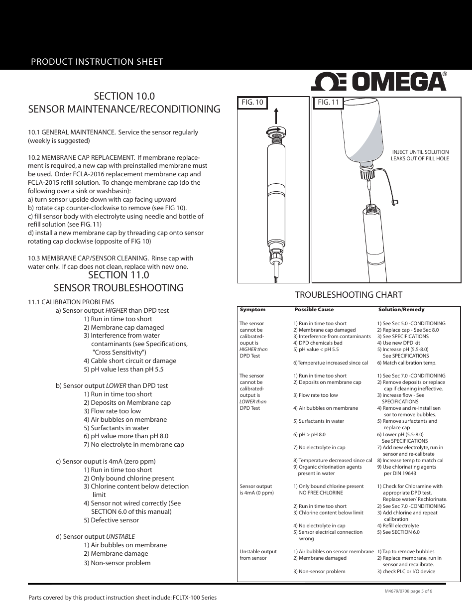 Product instruction sheet, Troubleshooting chart | Omega FCLTX-100 User Manual | Page 5 / 6