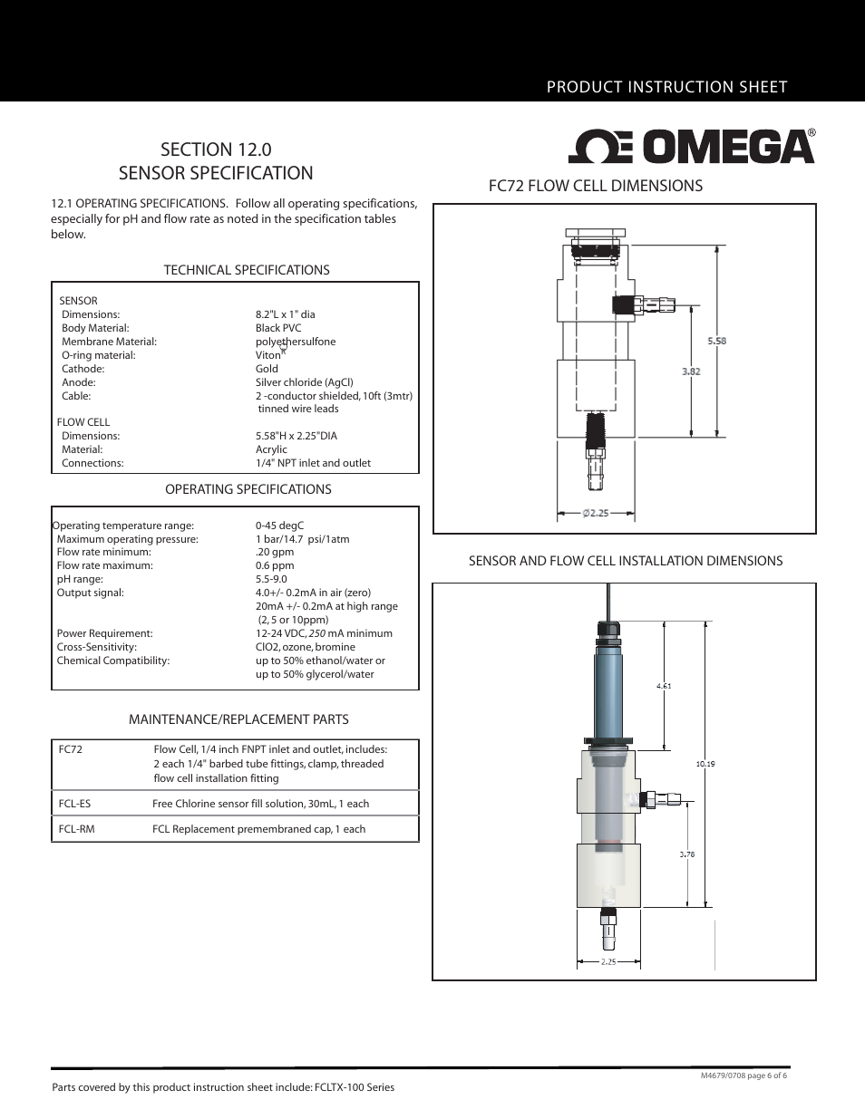 Product instruction sheet, Fc72 flow cell dimensions | Omega FCLTX-100 User Manual | Page 6 / 6
