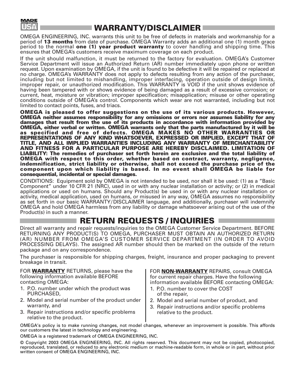 Warranty/disclaimer, Return requests / inquiries | Omega TX82B User Manual | Page 19 / 20