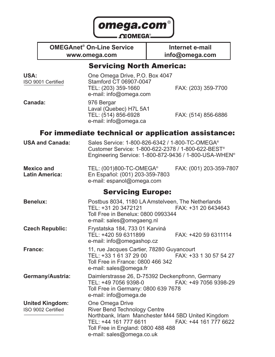 Servicing north america, For immediate technical or application assistance, Servicing europe | Omega TX82B User Manual | Page 2 / 20