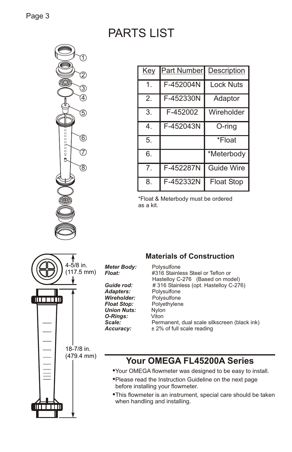 Parts list, Installation instructions | Omega FLOWMETER FL45200A User Manual | Page 4 / 8