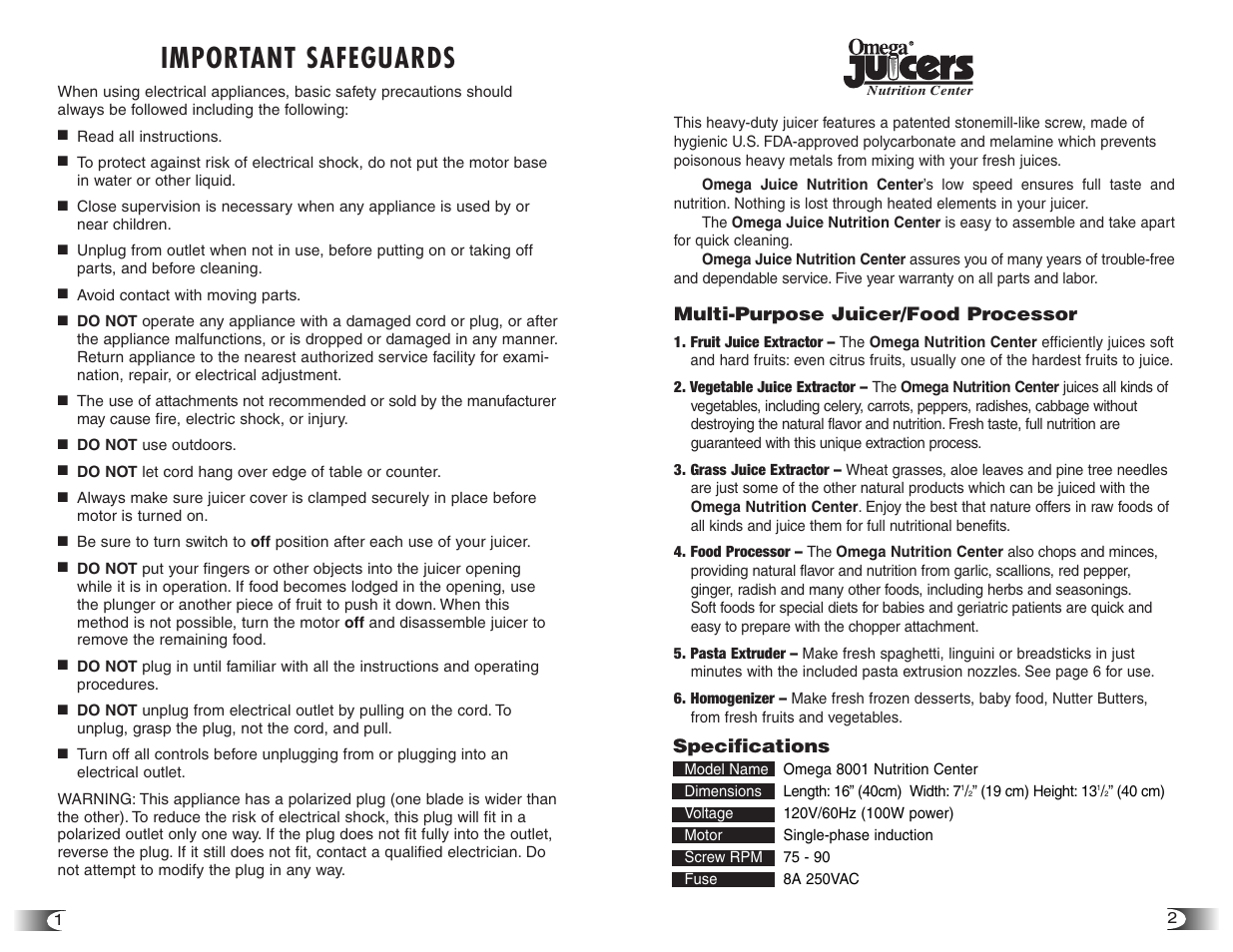 Important safeguards | Omega 8001 User Manual | Page 2 / 4