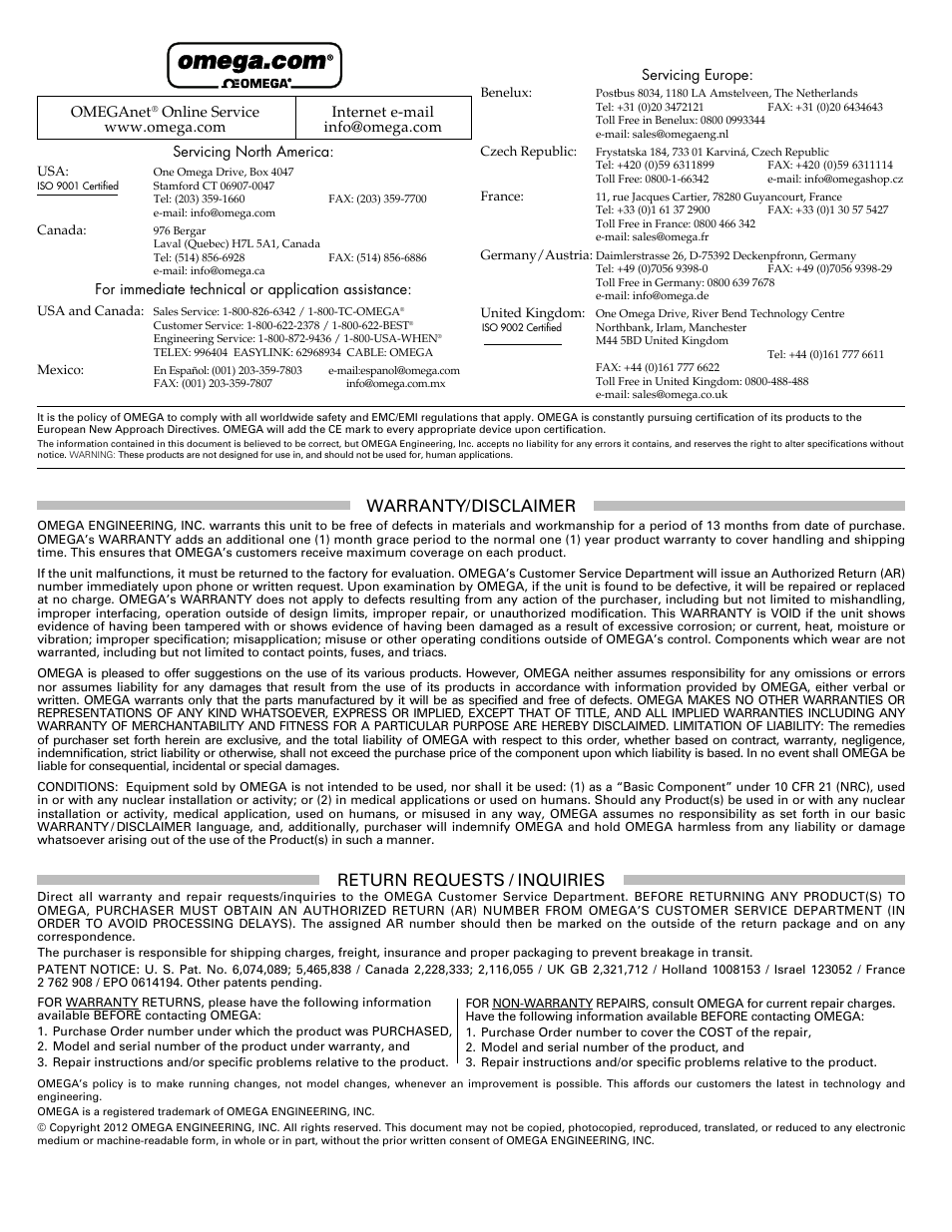 Warranty/disclaimer, Return requests / inquiries | Omega DPG5600 User Manual | Page 4 / 4