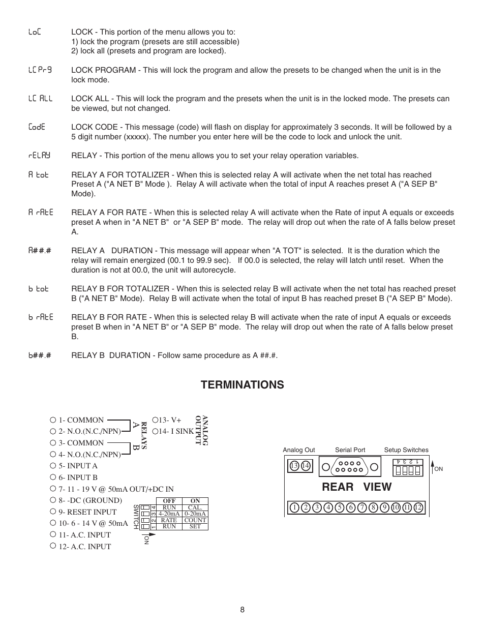 Rear view, Terminations | Omega DPF76 User Manual | Page 13 / 30