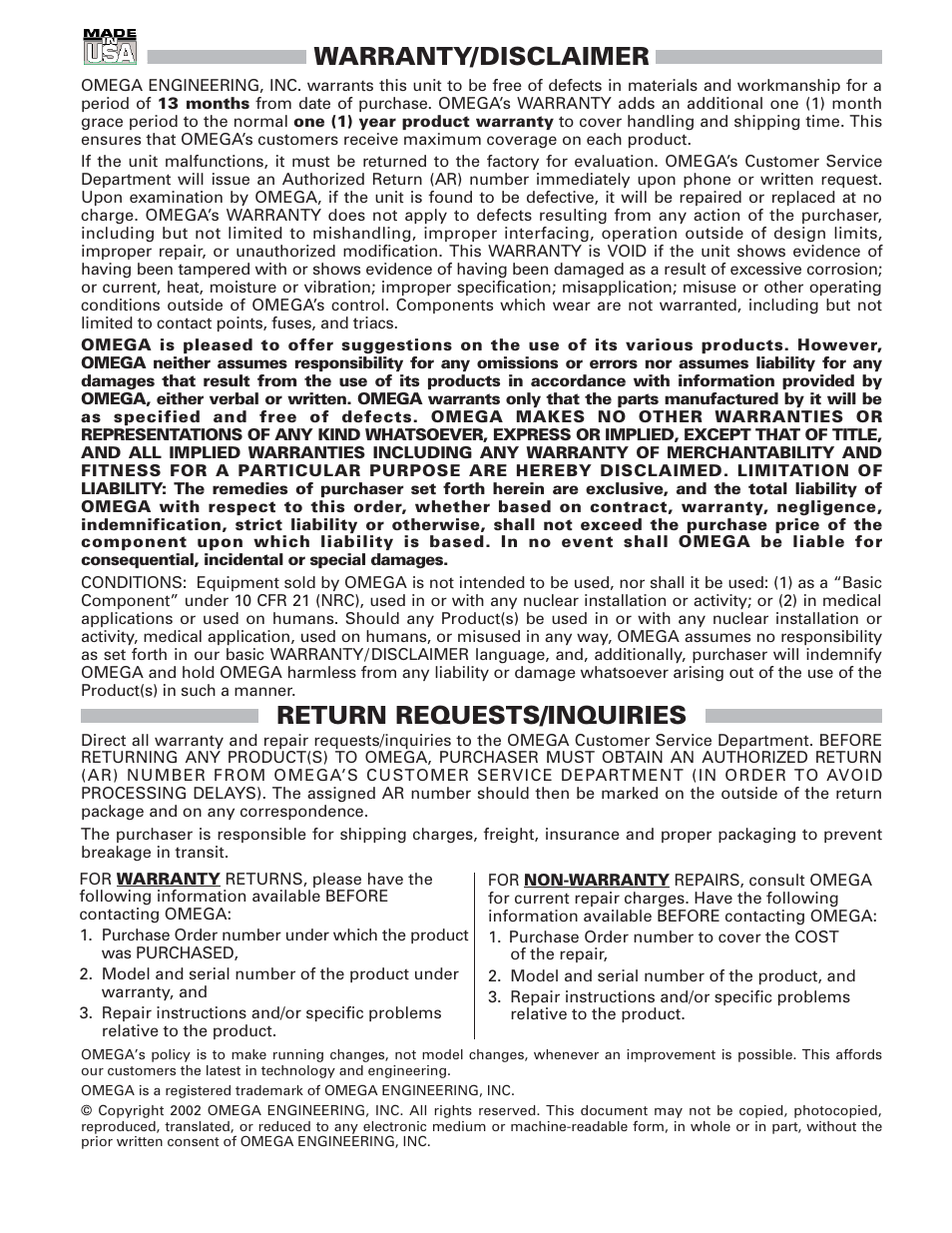 Warranty/disclaimer, Return requests/inquiries | Omega DPF76 User Manual | Page 29 / 30