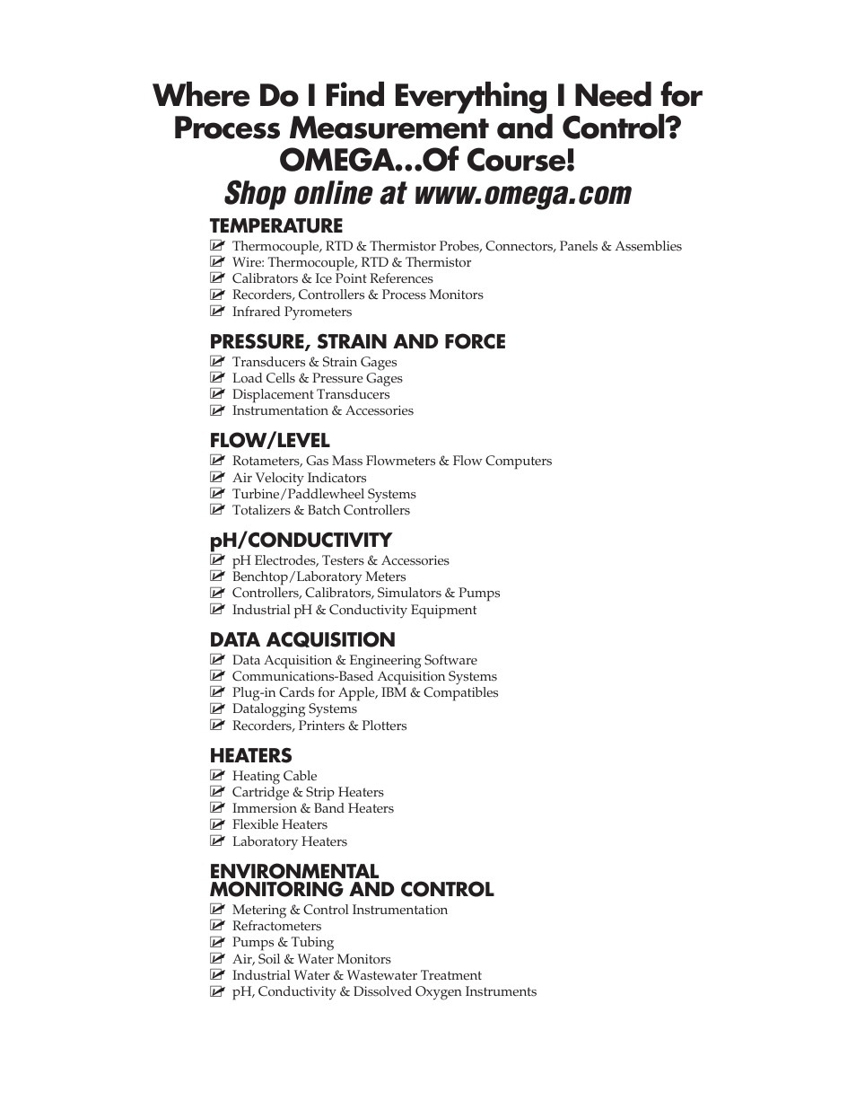 Temperature, Pressure, strain and force, Flow/level | Ph/conductivity, Data acquisition, Heaters, Environmental monitoring and control | Omega DPF76 User Manual | Page 30 / 30