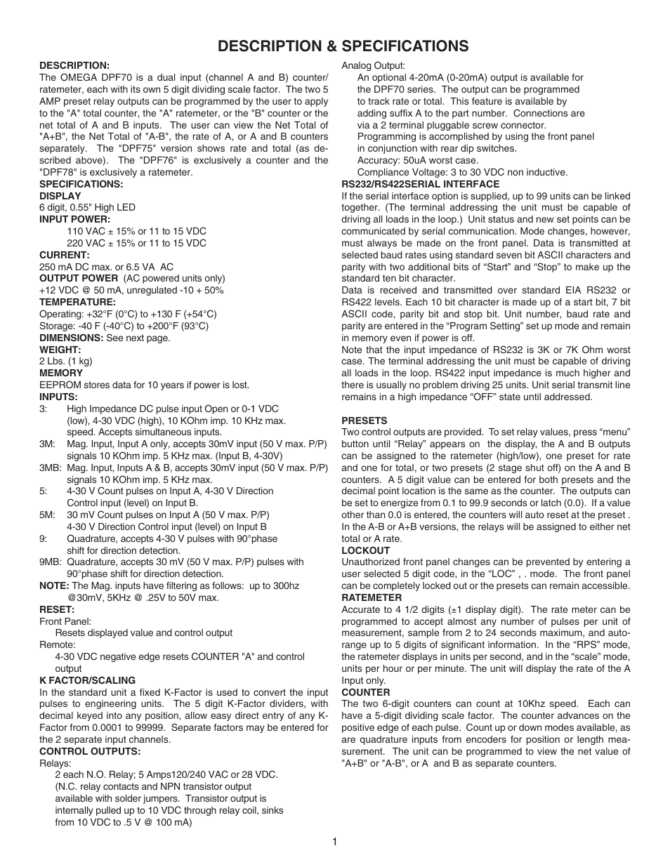 Description & specifications | Omega DPF76 User Manual | Page 6 / 30