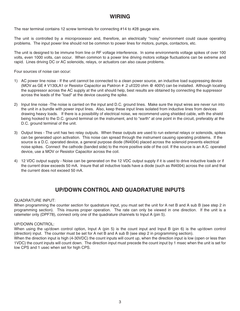 Wiring, Up/down control and quadrature inputs | Omega DPF76 User Manual | Page 8 / 30