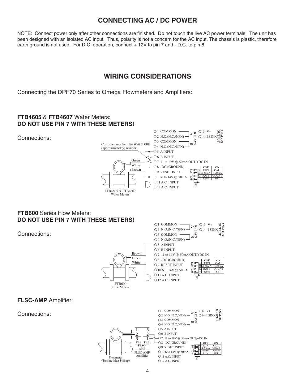 Connecting ac / dc power, Wiring considerations, Flsc-amp amplifier: connections | Omega DPF76 User Manual | Page 9 / 30