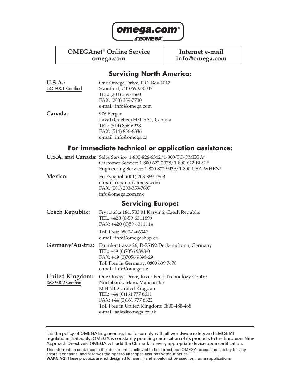 Servicing north america, For immediate technical or application assistance, Servicing europe | Omeganet | Omega WMS-T-AL User Manual | Page 2 / 10