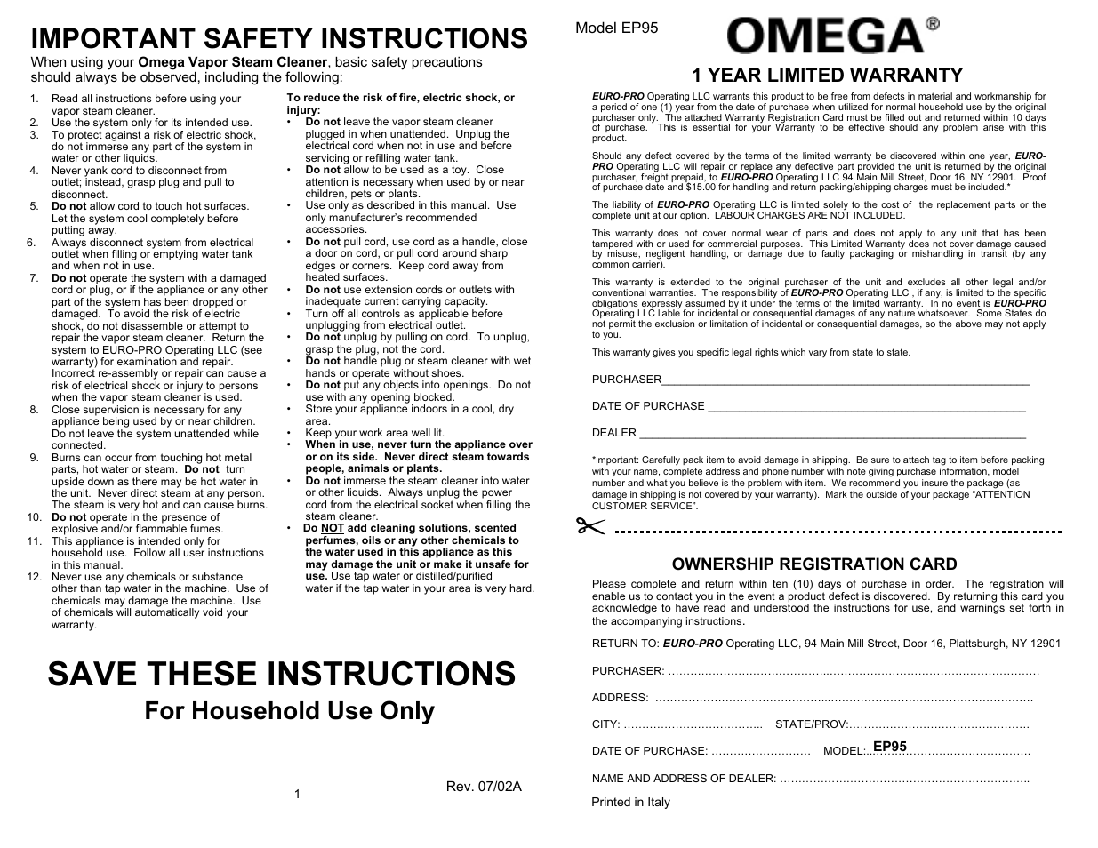 Save these instructions, Important safety instructions, For household use only | 1 year limited warranty, Ownership registration card, Model ep95 | Omega EP95 User Manual | Page 2 / 6