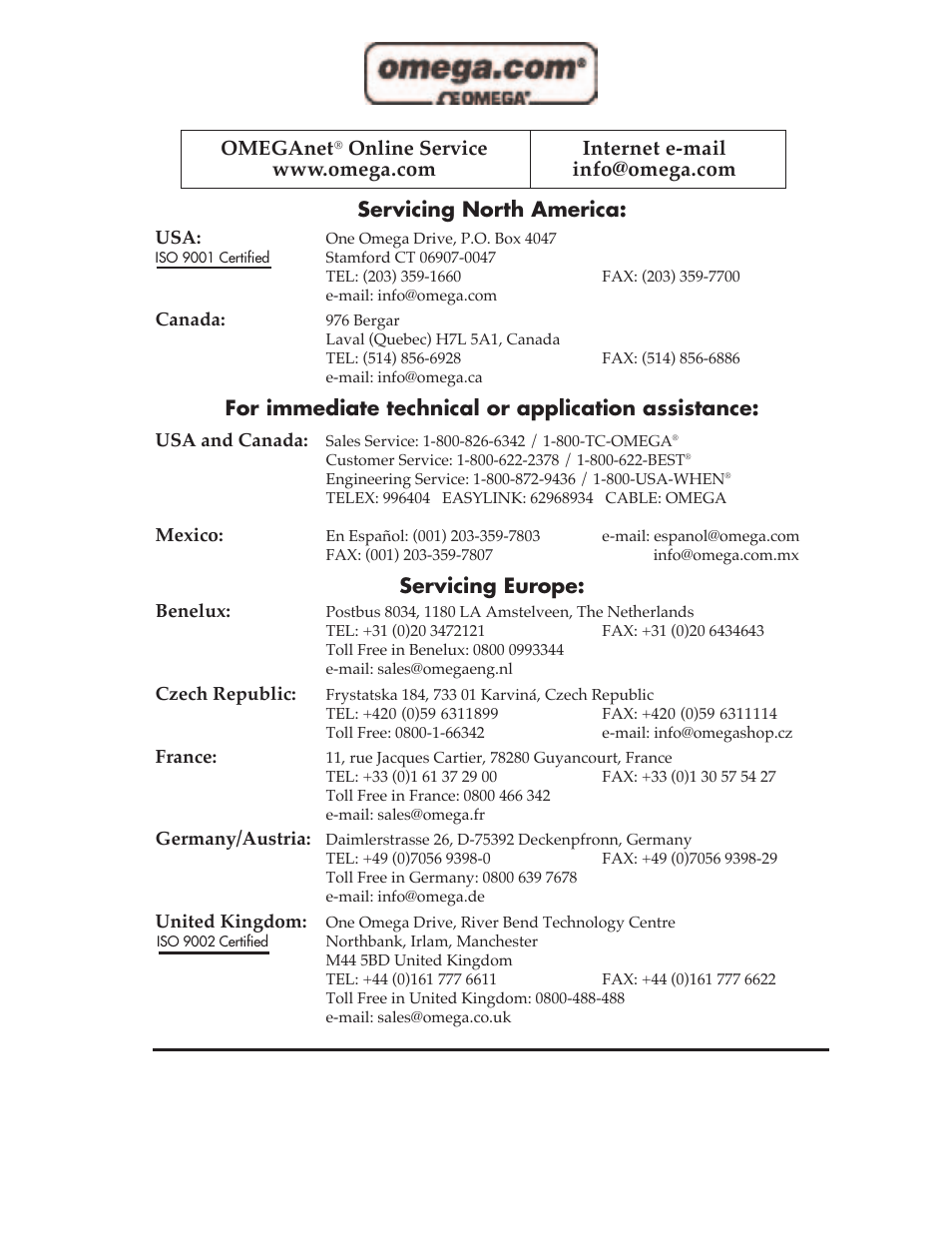 Servicing north america, For immediate technical or application assistance, Servicing europe | Omeganet | Omega OMG-COMM8-PCI User Manual | Page 2 / 20