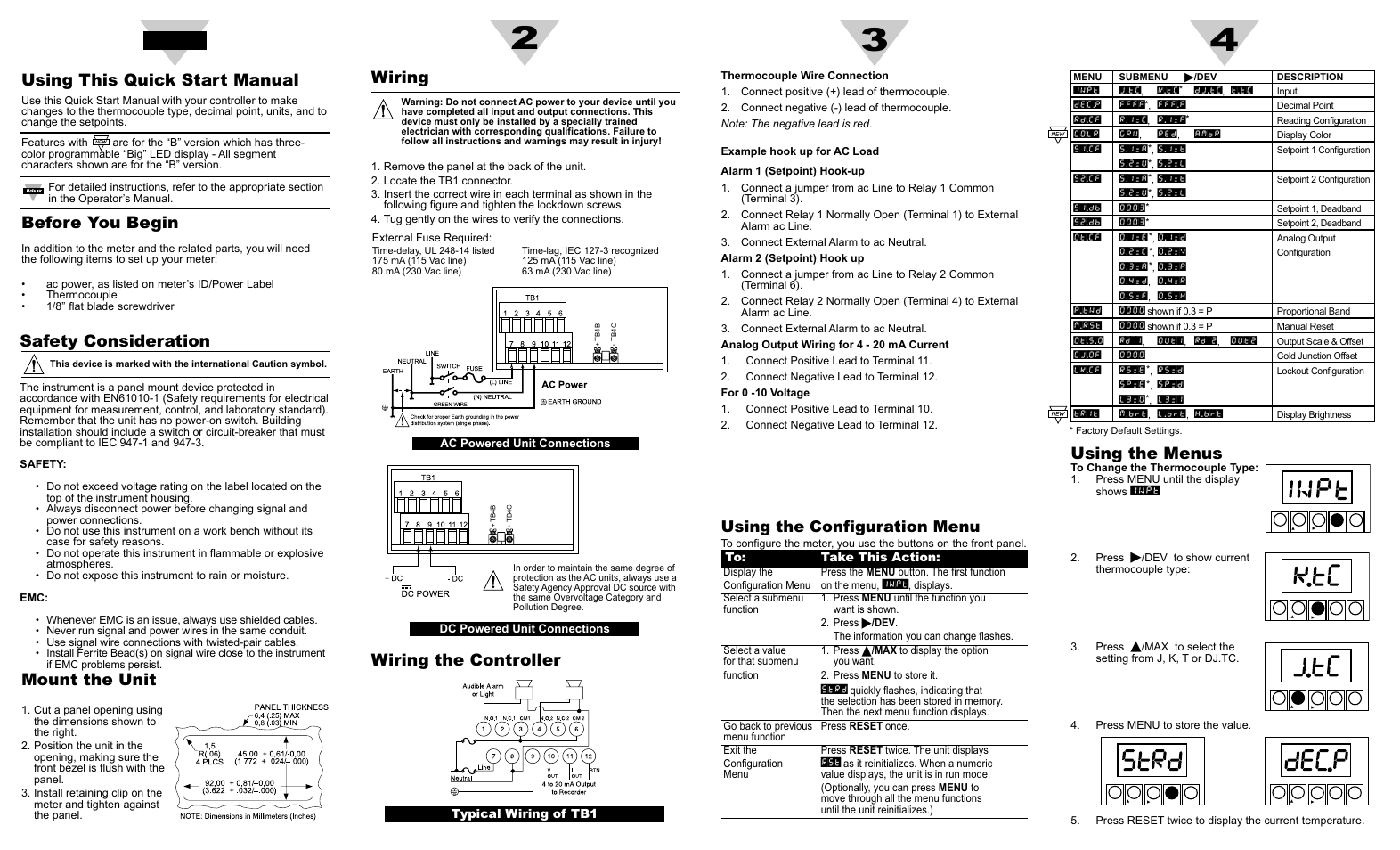 Using this quick start manual, Before you begin, Mount the unit | Wiring, Safety consideration, Wiring the controller, Using the menus, Using the configuration menu, Start here, Typical wiring of tb1 | Omega DP25-TC User Manual | Page 2 / 2